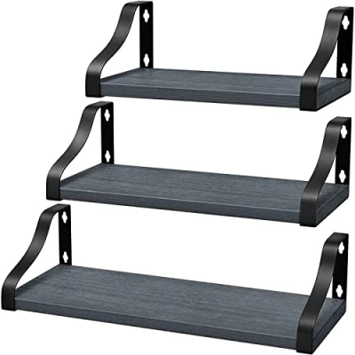 Abbildung von McNory Wandregal, Schweberegal aus Massivholz mit origalen Holzmasserung, Regale 3er Set für Wände, wandboard Küche, Badezimmer, Schlafzimmer , Flur, Wohnzimmer Office usw.Länge 42/36/29cm,Grau
