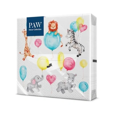 Abbildung von PAW Servietten 3 lagig (33 x 33 cm) I 20 Stück Perfekt für Partys, Geburtstage, Feiern Kinderparty Tischdeko Bunte Papierservietten mit Motiv Zebra Löwe Elefant Giraffe Ballons Child Fun