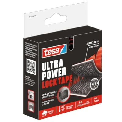 Abbildung von tesa Klett Klebeband Ultra Power Lock Tape, extra starkes selbstklebendes Klettband (Packung, 1 St., Band mit Klettverschluss (1000 x 25 mm), bis zu 20 kg/m belastbar) wetterbeständig, temperaturresistent, geeignet für innen und außen