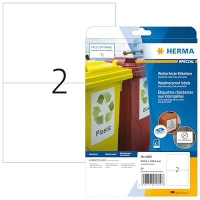Abbildung von HERMA 4600 Wetterfeste Folienetiketten für Inkjet Drucker, 10 Blatt, 210 x 148 mm, 2 pro A4 Bogen, 20 Stück, selbstklebend, bedruckbar, matt, Klebeetiketten Aufkleber Tintenstrahldrucker, weiß