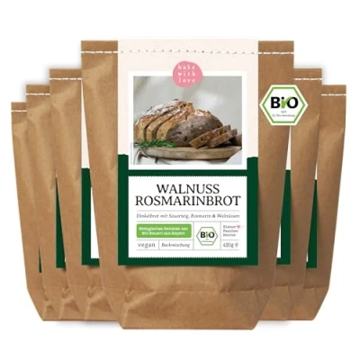 Abbildung von Bio Walnuss Rosmarin Dinkel Brotbackmischung 100% ohne Weizen Hochwertige Zutaten Brotbackautomat geeignet Bake with Love(6er Pack)