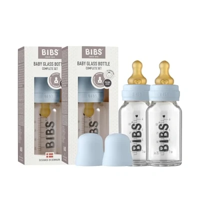Abbildung von BIBS Baby Glass Bottle 110ml, 2er Pack, Vermindert Koliken, Runder Sauger aus Naturkautschuklatex, Unterstützt das Stillen, Complete Set 110 ml (Pack of 2), Blue