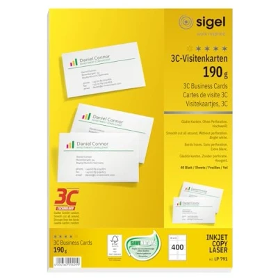 Abbildung von SIGEL LP791 bedruckbare Visitenkarten 3C, 400 Stück (40 Blatt), hochweiß, glatter Schnitt rundum, 190 g, 85x55 mm