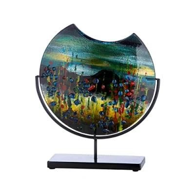 Abbildung von GILDE GLAS art Deko runde Vase auf schwarzem Metall Fuß handbemalt mit Glaselementen Kunstobjekt Mehrfarbig Höhe 37 cm
