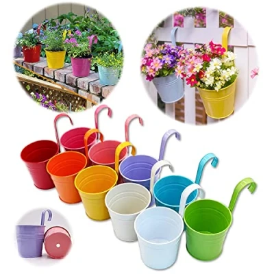 Abbildung von GIOVARA Metall Blumentopf, Blumenampel für Pflanzen, 10 Stück Bunte Blumentöpfe zum Aufhängen, hänge Blumentopf mit Ablaufloch, Balkontopf Abnehmbarer Haken
