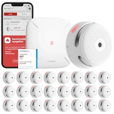 Abbildung von X Sense Smart Rauchmelder XS01 M mit SBS50 Basisstation, Zertifiziert nach EN 14604, Funkrauchmelder WLAN, vernetzbarer Feuermelder, kompatibel der Home Security App, FS241, 24 Stück