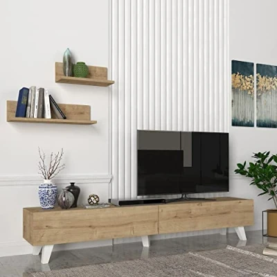 Abbildung von en.casa TV Schrank »Saarijärvi« Fernsehtisch mit 2 Regalen Eiche Optik