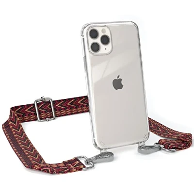Abbildung von EAZY CASE Handykette Verstellbarer Trageriemen kompatibel mit iPhone 11 Pro, dünner Riemen, Festivalbag transparentem Cover, zum Umhängen, Rot/Braun Verschluss Silber
