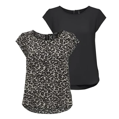 Abbildung von ONLY Damen ONLVIC S/S Solid 2 Pack Top, Kurzarm, Black/Pumice Stone/Leo Print, 44
