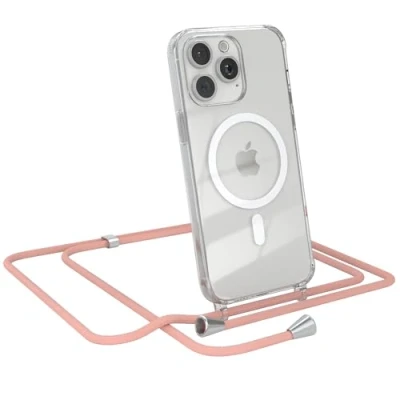 Abbildung von EAZY CASE Handykette kompatibel mit iPhone 15 Pro Max Kette zum Umhängen Stoßfest Handyhülle für Silikon Hülle Band Transparent als Fallschutz in Alt Rosa Clips Silber