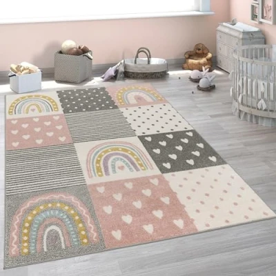 Abbildung von Paco Home Kinderteppich Teppich Kinderzimmer Mädchen Jungs Verschiedene Motive Und Größen, Grösse:160 cm Rund, Farbe: Creme Rosa Grau