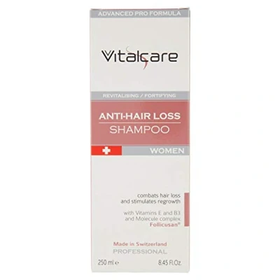 Abbildung von Vitalcare Swiss Shampoo gegen Haarausfall, für Damen, revitalisierendes und stärkendes Shampoo, mit Vitaminen E, B3 Follicusan Molekülkomplex, 250 ml