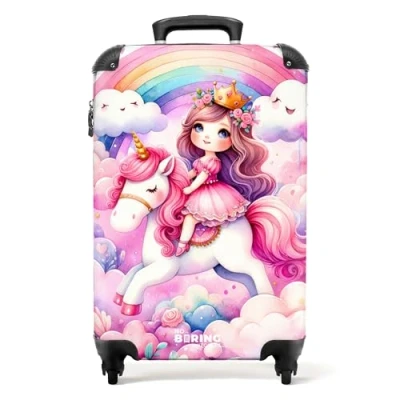 Abbildung von NoBoringSuitcases.com© Kinderkoffer Prinzessin und Einhorn mit Regenbogen rosa Wolken 55x35x20cm, 4 Rollen, Handgepäck Koffer, Kinderkoffer, Mädchen