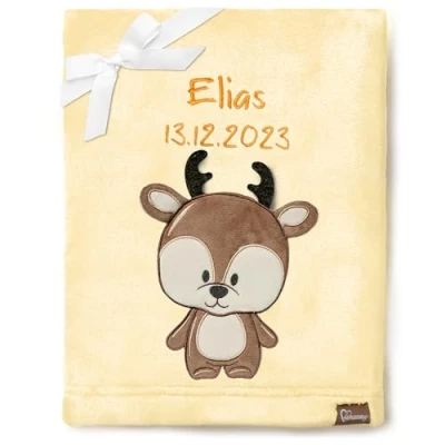 Abbildung von Be Mammy Personalisierte Babydecke mit 3D Applikation Warme Kuscheldecke Namen und Geburtsdatum; Perfektes Baby Geschenk; Blanket; Krabbeldecke BE20 280 (Gelb Hirsch)