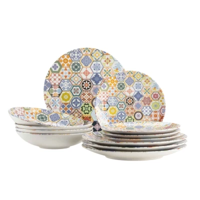Abbildung von MÄSER Serie Amarante, 12 teiliges Tafelservice für 4 Personen mit besonderem Fliesendekor, Teller Set aus Suppentellern, Speisetellern und Desserttellern buntem Ornament Dekor, Steinzeug