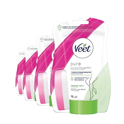 Abbildung von Veet Pure Dusch Haarentfernungscreme für Körper, Arme &amp; Beine Enthaarungscreme die Dusche, trockene Haut 600 ml (4x150 ml) inkl. Schwamm