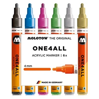 Abbildung von Molotow One4All 227HS Acryl Marker Metallic Set (4,0 mm Strichstärke, hochdeckend und permanent, UV beständig, für fast alle Untergründe) 6 Stück sortiert, 1 (6er Pack)