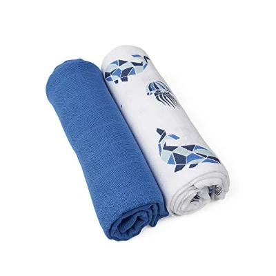 Abbildung von GRÜNSPECHT Bio Mullwindeln 70x70cm aus 100% Baumwolle (kbA), Spucktücher, ohne optische Aufheller, hautfreundlich &amp; saugstark, 2 Stück, blau und Meerestiere (690 V2)
