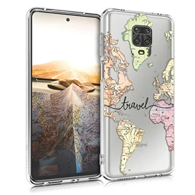 Abbildung von kwmobile Case kompatibel mit Xiaomi Redmi Note 9S / 9 Pro Max Hülle Silikon Transparent Travel Schriftzug Schwarz Mehrfarbig