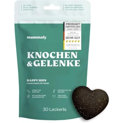 Abbildung von mammaly Grünlippmuschel Hunde Leckerli Happy HIPS Test Set (110g) Gelenktabletten mit Probiotika für (unterstützt Arthrose , Gelenk &amp; Knochenschutz) Kapseln MSM Vitamie als leckere Snacks