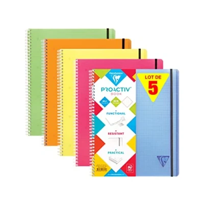 Abbildung von Clairefontaine 328175C Packung mit 5 Doppelspiralbücher Linicolor Fresh PROACTIV&#039;BOOK 22,5x29,7 cm, 80 Blatt 90g kariert Rand, farbig sortiert, 1 Pack