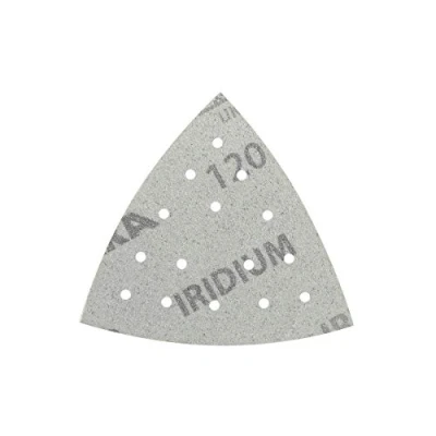 Abbildung von Mirka Iridium Schleifdreieck Premium Schleifpapier 93x93x93mm 15 Loch Klett, Korn 120, 50 Stk / Zum Schleifen von Lack, Spachtel, Grundierung, Holz, Stahl, Mineralwerkstoffe, Kunststoff