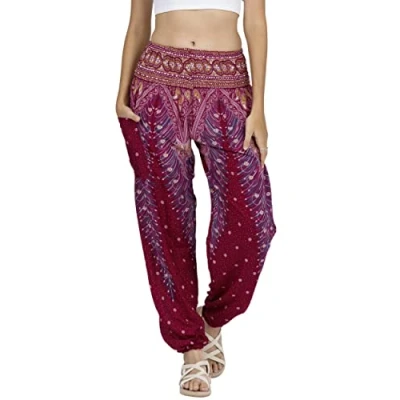 Abbildung von Lofbaz Damen Haremshose Yogahose Pumphose Hippie Hose Boho Kleidung Festival Outfit Sommerhose Leicht Sommer Hosen Peacock 1 Burgund M
