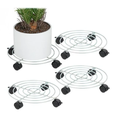 Abbildung von Relaxdays Pflanzenroller, 4er Set, Ø 32 cm, Blumentopfuntersetzer mit Rollen, Stahl, Blumenroller für innen, Silber