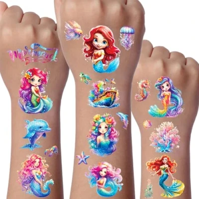 Abbildung von Meerjungfrau Glitzer Tattoo Set Kinder, 12 Blätter Spielzeug, Schultüte Einschulung Geschenk Mädchen, Tattoos Deko Kindergeburtstag