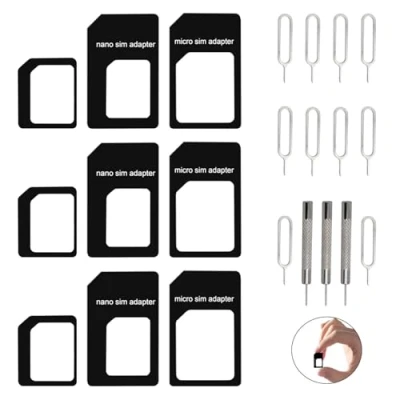 Abbildung von 16 Stück 4 in 1 Nano SIM Karten Adapter mit Karte Nadel Set, zu Micro, Standard, Micro Standard Adapter, Auswurfstift und Entferner für Mobiltelefone