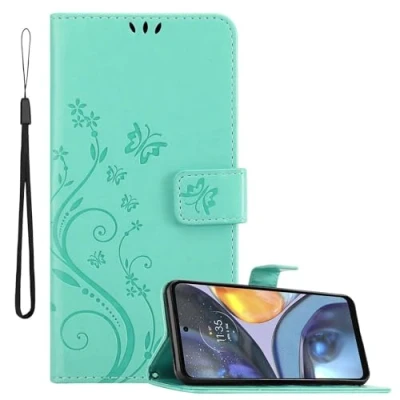 Abbildung von Cadorabo Hülle kompatibel mit Motorola Moto G22 Blumen Design aus Premium Kunst Leder Flip Klappbare Stoßfeste Magnetische [Standfunktion] [Kartenfächern] Cover Case Tasche in Türkis