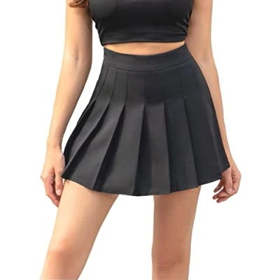 Abbildung von Hoerev Frauen Mädchen Kurze hohe Taille gefaltete Skater Tennis Schule Rock,Schwarz,38 / L