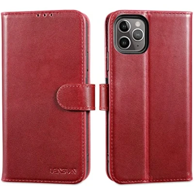 Abbildung von LENSUN Echtleder Hülle für iPhone 11 Pro, Handyhülle [Echtes Leder][Magnetverschluss][RFID Schutz] Handytasche Lederhülle Kompatibel mit Pro Weinrot