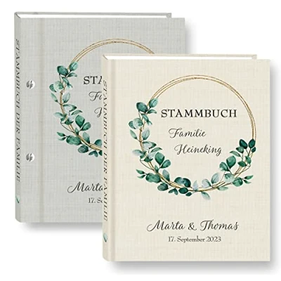 Abbildung von Stammbuch der Familie personalisiert Eukalipto grau o. beige A5 ca. 18 x 23 cm Familienstammbuch Eukaliptus Stammbücher Handarbeit