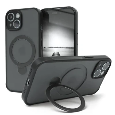 Abbildung von EAZY CASE MagSafe Handyhülle für iPhone 15 kompatibel mit Hülle Ständer 360 Ring &amp; Magnetfunktion zum Aufstellen stoßfest Cover in Schwarz