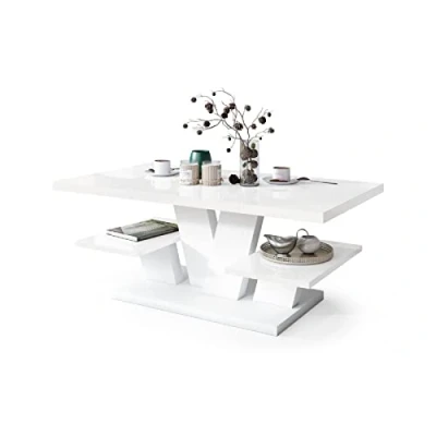 Abbildung von All4All Couchtisch Valerio Wohnzimmertisch Kaffeetisch Tisch mit Ablagen Esszimmertisch Coffee Table 110x60cm 05 Weiß Hochglanz +