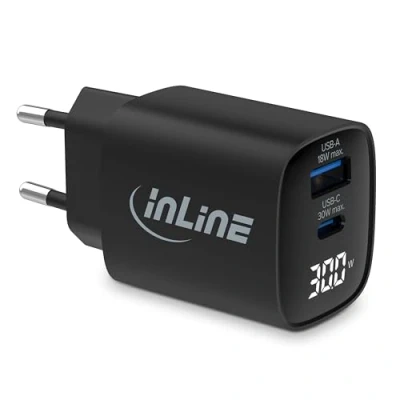 Abbildung von InLine USB Ladegerät, 2 Port, digitales Display mit aktuellem Energieverbrauch, 1x C + A, GaN, 30W, Schnellladegerät, PD3.0, QC3.0, Netzteil für iPhone/Pro/Mini, Samsung und mehr, 31550