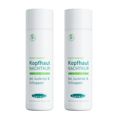Abbildung von benevi NACHTKUR bei Juckreiz und Schuppen auf der trockenen Kopfhaut. Anwendung über Nacht dann auswaschen mit geeignetem Shampoo erst am nächsten Morgen.