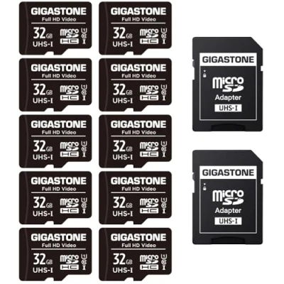 Abbildung von Gigastone 32GB MicroSDHC Speicherkarte 10er Pack + SD Adapter, für Action Kamera, GoPro, Drohne und Tablet, Lesegeschwindigkeit bis zu 90MB/s, Full HD Videoaufnahme, Micro Karte UHS I Klasse 10 U1