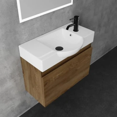 Abbildung von Alpenberger Badmöbel Set Waschbecken mit Unterschrank 55 cm Breit Badezimmerschrank Badschrank Schmal Badezimmermöbel Waschtisch Schrank Klein Waschbeckenunterschrank Eiche