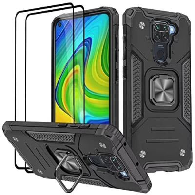 Abbildung von KANSi Hülle kompatibel für Xiaomi Redmi Note 9, Schutzfolie [2 Stück] Silikon TPU Hart PC Handy Hüllen 360 Grad Drehbar Ringhalter Bumper Stoßdämpfung Schutzhülle 9 Schwarz