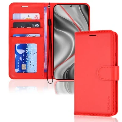 Abbildung von TECHGEAR Galaxy S24 5G Leder Hülle, PU Flip Case Schutzhülle Ledertasche [Brieftasche] Handyhülle mit Ständer und Handschlaufe Beutel Hülle Kompatibel Samsung Rot