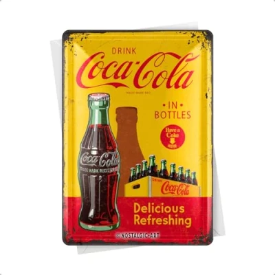 Abbildung von Nostalgic Art Retro Blechpostkarte, 10 x 14 cm, Coca Cola In Bottles Yellow Geschenk Idee für Coke Fans, Postkarte aus Metall, Mini Blechschild als Grußkarte
