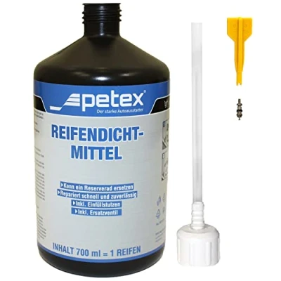 Abbildung von Petex Reifendichtmittel Inhalt 700 ml inkl. Einfülldeckel, Ventilausdreher mit Flügel, Ersatzventil