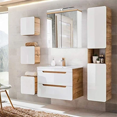Abbildung von Lomadox Badmöbel Komplett Set, Hochglanz weiß mit Wotan Eiche Nb., 81 cm Keramik Waschtisch, LED Spiegelschrank, Hochschrank und 3 Hängeschränke