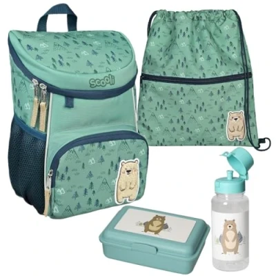 Abbildung von Scooli Kinderrucksack Mini Me BOBBY BÄR (Set, inkl. Turnbeutel, Brotdose und Trinkflasche), Rucksack Set in Türkis Blau mit süßem Teddy für Jungen Mädchen