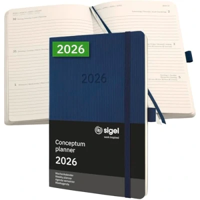 Abbildung von SIGEL C2632 Wochenplaner Wochenkalender 2026, ca. A5, dunkelblau, Softcover, 192 Seiten, Gummiband, Stiftschlaufe, Archivtasche, aus nachhaltigem Papier, Kalenderbuch Conceptum