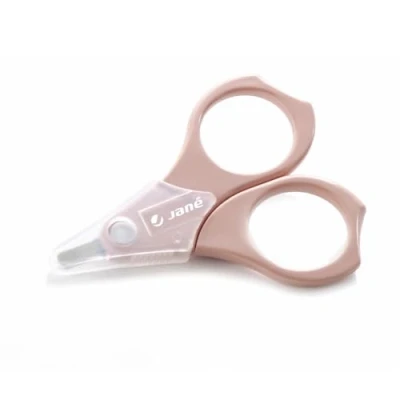 Abbildung von Jané Schere für Neugeborene, abgerundete Spitze, mit hygienischer Kappe, Edelstahl, Rosa