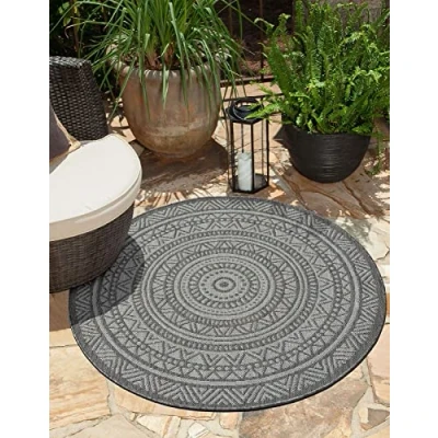 Abbildung von the carpet Mistra robuster Teppich, modern, langlebig und pflegeleicht, In Outdoor, Wohnzimmer, ideal für Küche, Flur Wintergarten, flachgewebt, Anthrazit, 160 x cm Rund