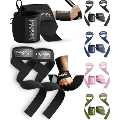 Abbildung von Breaking Limits Set aus Lifting Straps &amp; Wrist Wraps 2 Handgelenkbandagen, Zughilfen Krafttraining, Gewichtheben, Kraftsport, Bodybuilding, Powerlifting